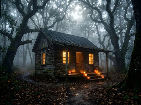 Mystical Rustic Cabin Enveloped in Autumn Fog with Glowing Jack-O'-Lanterns Illuminating the Enchanted Forest Pathway