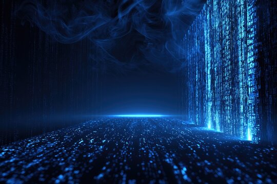 Digital waterfall of glowing blue particles cascades in a dark, futuristic, smoky landscape