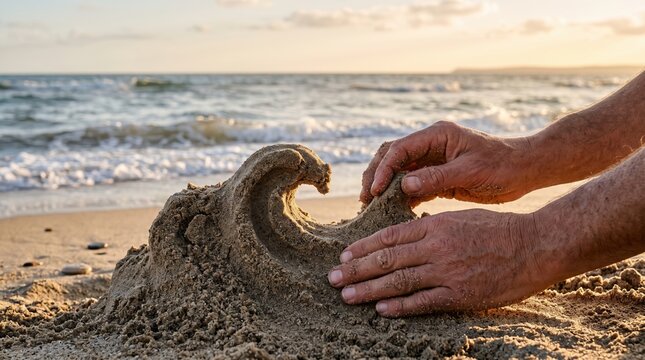 Hands sculpting sand wave on beach