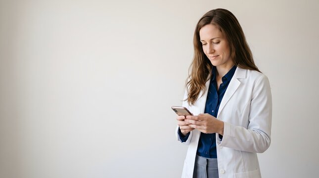 Female doctor in white lab coat typing text message on smartphone against white background with mobile phone using phone hospital staff
