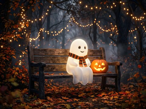Whimsical Glowing Ghost with Jack-O'-Lantern Sits on Rustic Bench Amidst Enchanted Autumn Forest Light Display