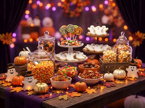 Whimsical Halloween Candy Buffet Display Featuring Ghost Cookies, Caramel Apples, Candy Jars, and Festive Treats Under Warm String Lights