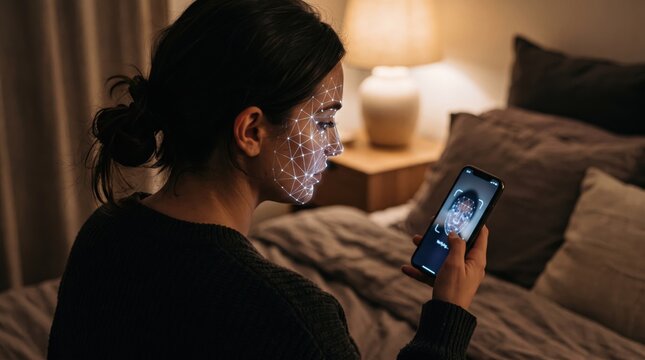 Woman unlocking smartphone with facial recognition scan. Biometric security technology with digital face mesh for identity verification.