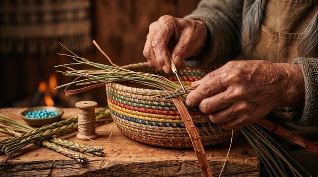 Hands Weaving Sweetgrass and Cedar Bark Basket. Close-up artisan hands weaving sweetgrass and cedar bark into an intricate traditional round basket