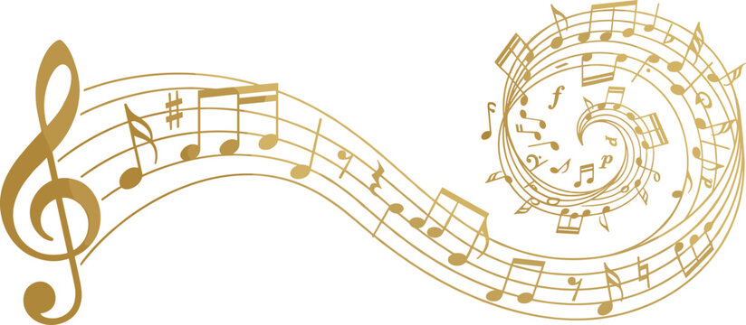 Elegant golden music notes on wavy stave vector illustration featuring treble clef and abstract swirling melody vortex isolated on white background