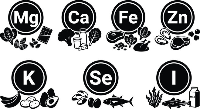 Black and white healthy mineral dietary food sources vector icons set featuring magnesium calcium iron zinc potassium selenium and iodine isolated on white background