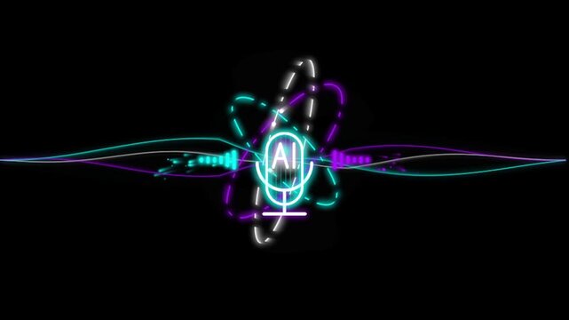 Ai voice technology neon with rotating atom orbit and sound wave visualization animation