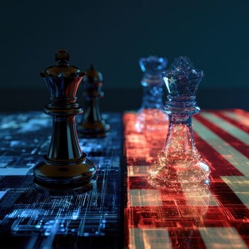 Chess pieces representing nations face off on a digital and flag-themed board