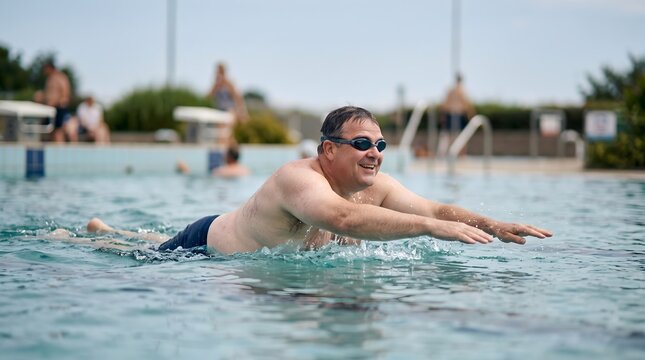 Smiling man swimming breaststroke in an outdoor public swimming pool with swimming goggles water sport male swimmer swimming technique