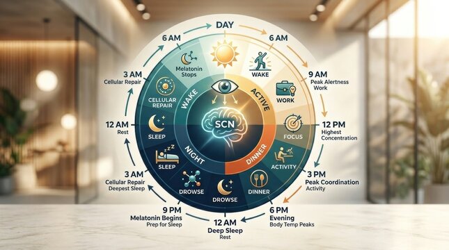 Circadian rhythm chart showing human sleep wake cycle with peak performance times.