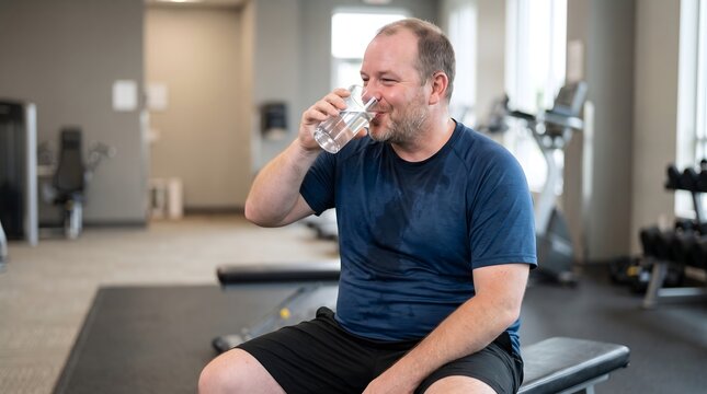 Sweaty man drinking a glass of cold water to rehydrate after an intense workout at the gym with sports club cool down hydration recovery