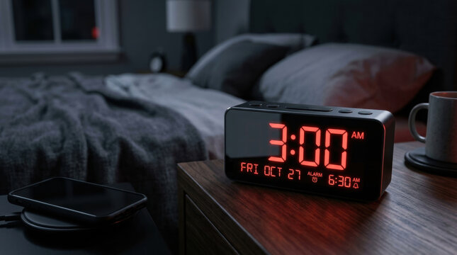Digital alarm clock showing 3 00 AM on bedside table with phone charging next to bed clock.