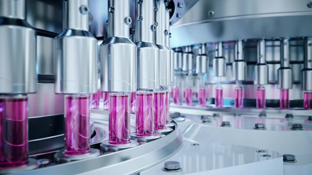 Pharmaceutical Vial Filling Line With Pink Vaccine Fluid in Automated Sterile Production Facility