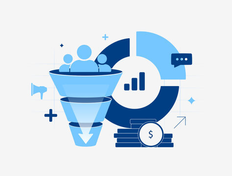 Pipeline generation with lead acquisition, sales funnel optimization, revenue growth, marketing analytics and qualified opportunities for predictable business growth. Flat design vector illustration.