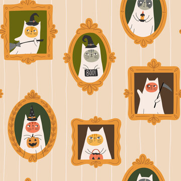 Halloween cats seamless pattern with vintage framed portraits, witch hats, pumpkins, candle, scythe. Cute spooky cat characters in ornate frames on striped cream background, hand drawn illustration