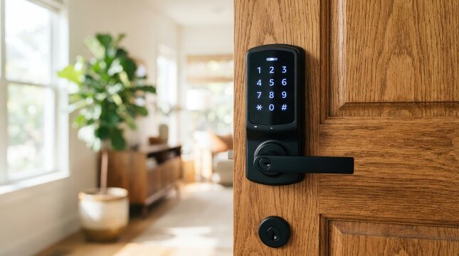 Modern smart electronic door lock with keypad installed on a rustic wooden front door of a house