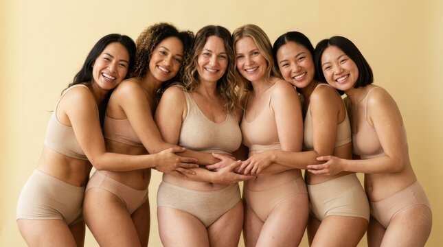 Group of diverse happy women in beige underwear hugging and smiling together. Body positivity and self acceptance concept with natural beauty, friendship and