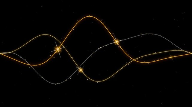Abstract golden and silver wave lines with glowing particles on black background motion