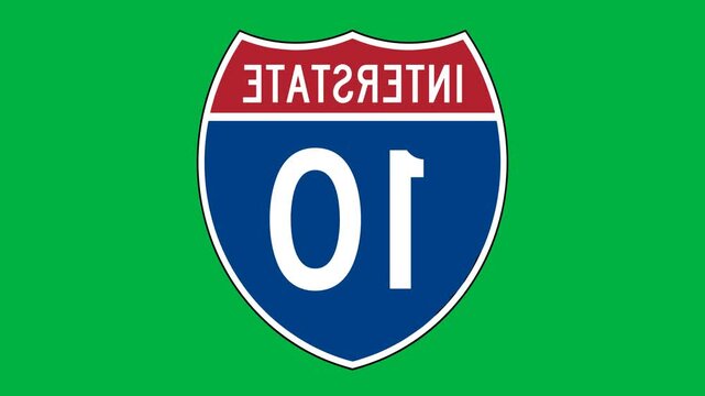 Animated interstate highway sign with number 10, transitioning through different color schemes and orientations, seamless loop