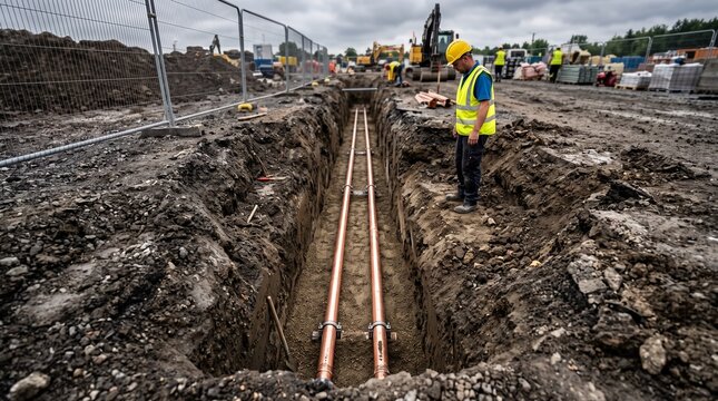 Construction worker inspecting copper metal pipe in trench at building site. Underground pipeline installation for water supply infrastructure. Industrial engineering concept