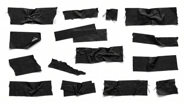 A collection of various pieces of black duct tape strips isolated on a white background for industrial repair and diy craft projects and design elements