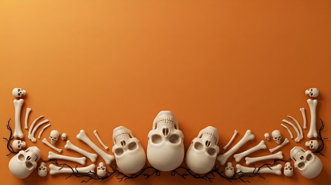 Halloween Skull and Bone Frame on Orange Background