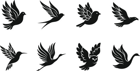 Naklejka premium Set of eight black silhouette of various flying birds including doves, swallows, owls, and cranes isolated on a white background