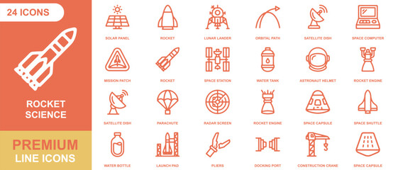 Rocket science icon sheet, 24 orange line icons featuring space shuttles, astronaut helmets, satellites, and launch equipment on white background © Gra-fix PNG