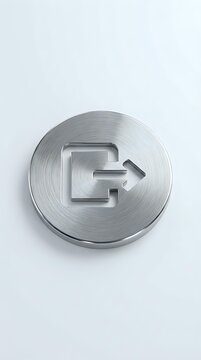 Metallic circular button with embossed exit arrow symbol on brushed