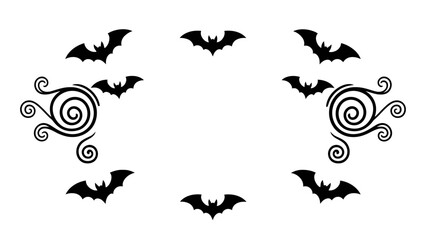 Fototapeta premium A decorative Halloween frame featuring black bat silhouettes and artistic swirls on a clean white background.