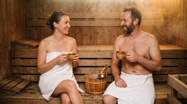 Smiling woman and man relaxing in wooden sauna holding wooden cups. Happy couple enjoying wellness spa and steam bath