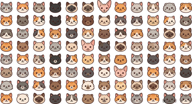 Cute cartoon cat breeds head avatar vector mega bundle set featuring siamese persian tabby orange ginger calico kitten faces