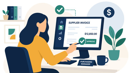 Fototapeta premium Woman working on computer with invoice and charts.