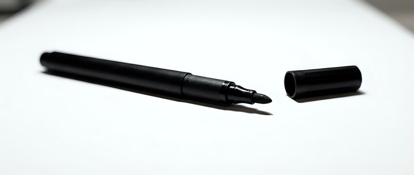Black marker pen with removed cap lying on white surface