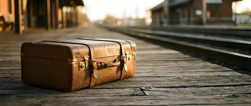 Vintage brown leather suitcase sitting on wooden railway platform