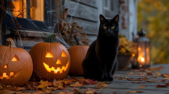 black cat sitting beside glowing halloween pumpkin outdoors