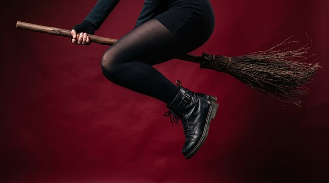 Woman witch flying on broomstick against dark red background. Halloween costume and magic fantasy concept.