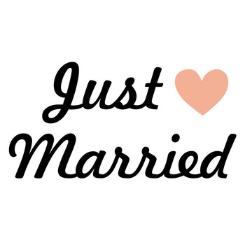 Black script reads "Just Married" beside a soft pink heart