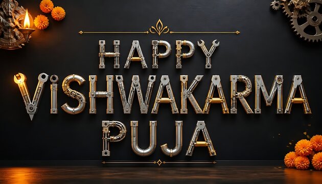 Happy vishwakarma puja typography greeting banner featuring metallic mechanical letters and festival decorations typography greeting festival