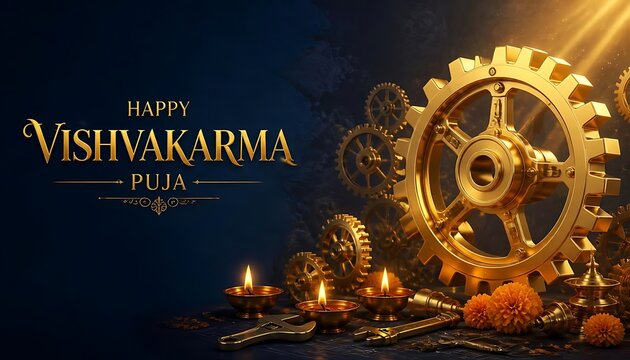 Happy vishwakarma puja promotional background showcasing a large golden gear wheel and traditional oil lamps with machinery festival celebration