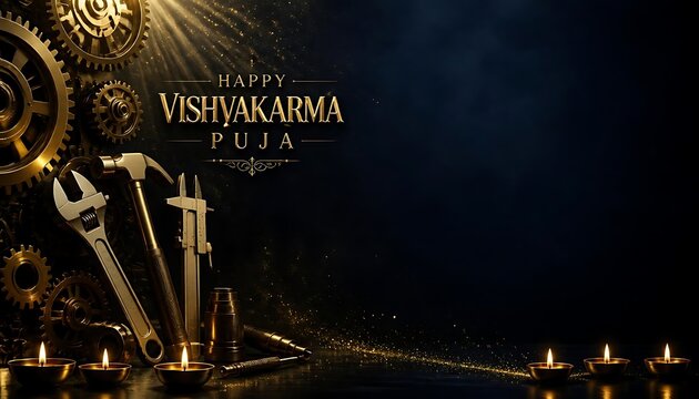 Happy vishwakarma puja wide background featuring mechanical tools on left side and glowing lamps on dark surface machinery festival celebration