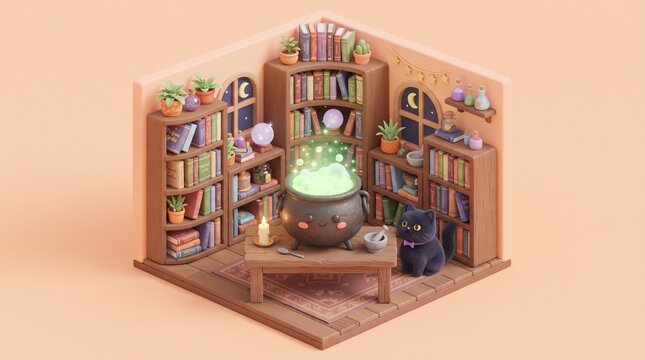 Cute 3d isometric witch library with bubbling cauldron and black cat. Cozy Halloween magic room with spell book and potion