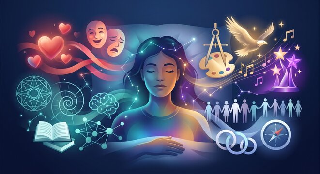 Sleeping woman surrounded by symbols of memory, emotion, creativity and learning, REM sleep and cognition concept