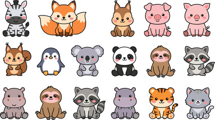 Naklejka premium Cute kawaii baby animals cartoon character vector set featuring zebra fox pig koala panda sloth tiger and cat