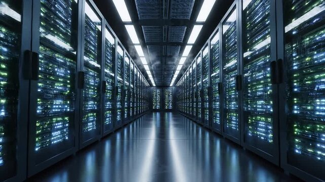 Camera Moving Down a Server Room Corridor with Glowing Blinking Green Lights and Modern Datacenter Infrastructure