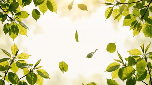 natural frame of fresh green tree branches with leaves falling down in bright spring sunlight