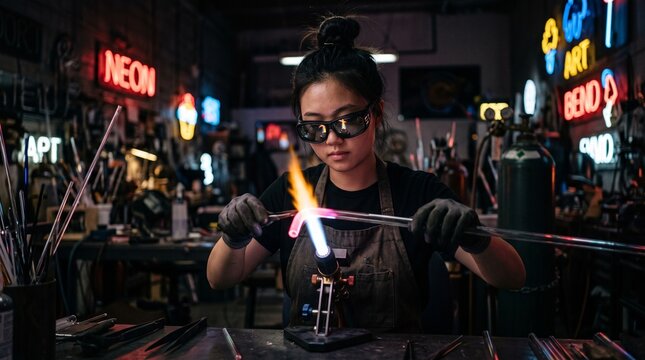 Woman working with glassblowing torch in workshop with neon signs.