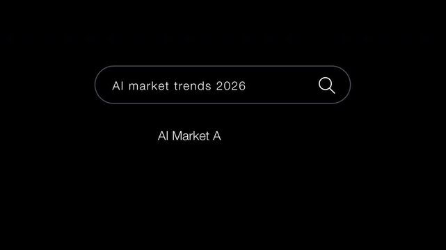 AI market analysis animation with industry trends search, business intelligence insights, market forecasting data. AI industry research interface on transparent background alpha channel motion graphic
