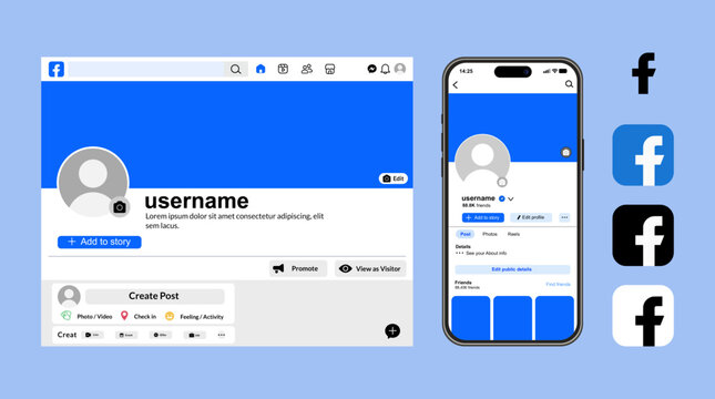 Facebook profile design showing desktop view, smartphone view, and icons in white, blue, and black styles; isolated vector user interface elements