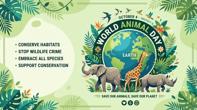 World Animal Day illustration featuring diverse wildlife, Earth, tropical leaves, and birds, promoting biodiversity, environmental protection, wildlife conservation, and eco-friendly action.